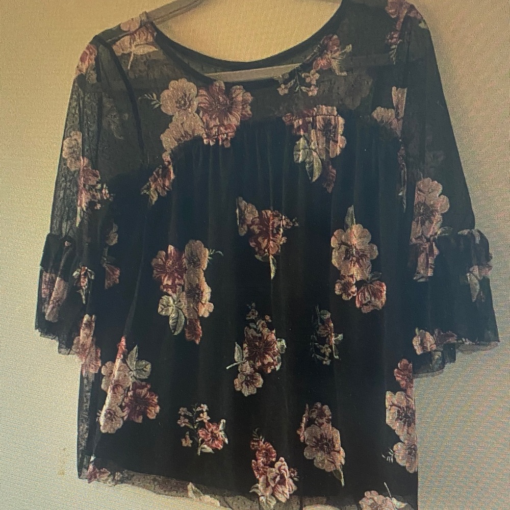 Floral Velvet Peasant Top - Black with Pink Flowers